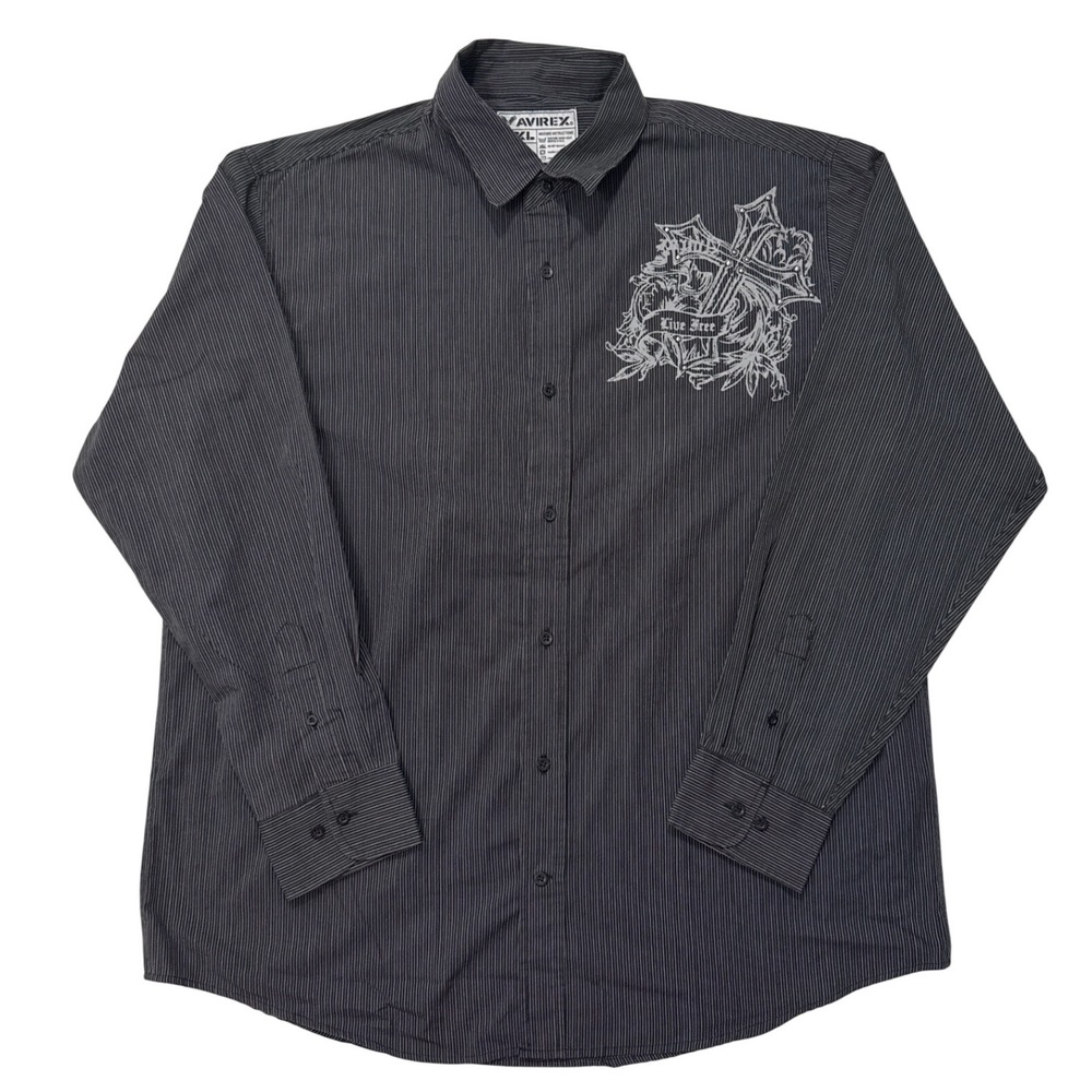 Avirex black/white pinstriped button-down shirt "Live Free" cross graphic- XXL